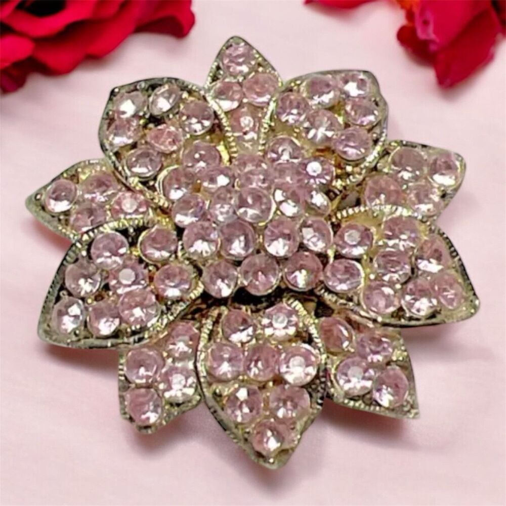 Pink Rhinestone Flowers Brooch 2 Inches Silvertone Vintage Jewelry Pin
